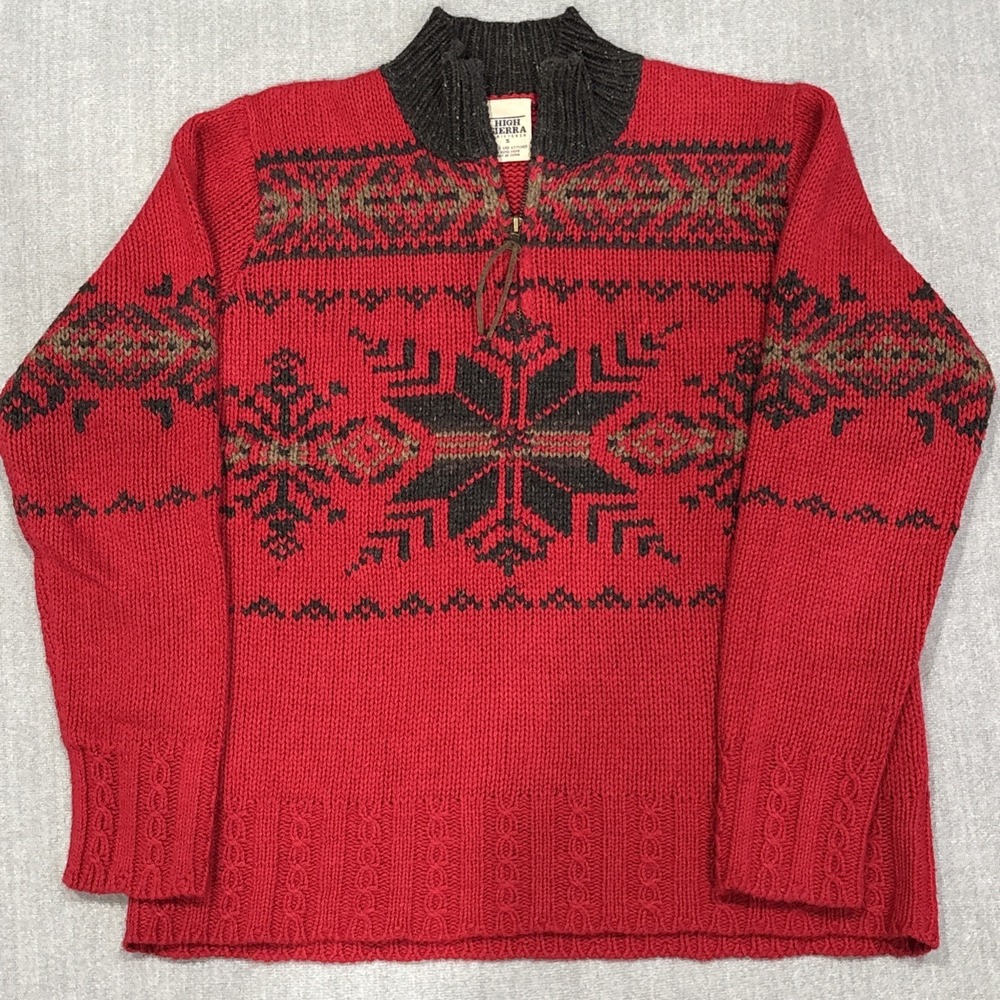 Vintage Knit Christmas Sweater Snowflake Quarter Zip Red Small Wool Blend